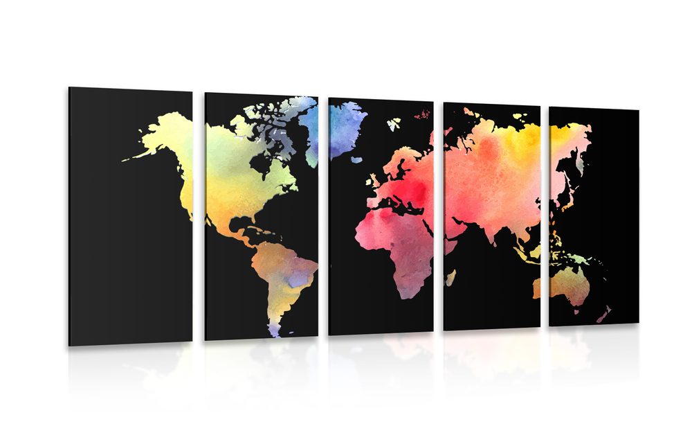 5-dielny obraz mapa sveta v akvarelovom prevedení na čiernom pozadí - 100x50