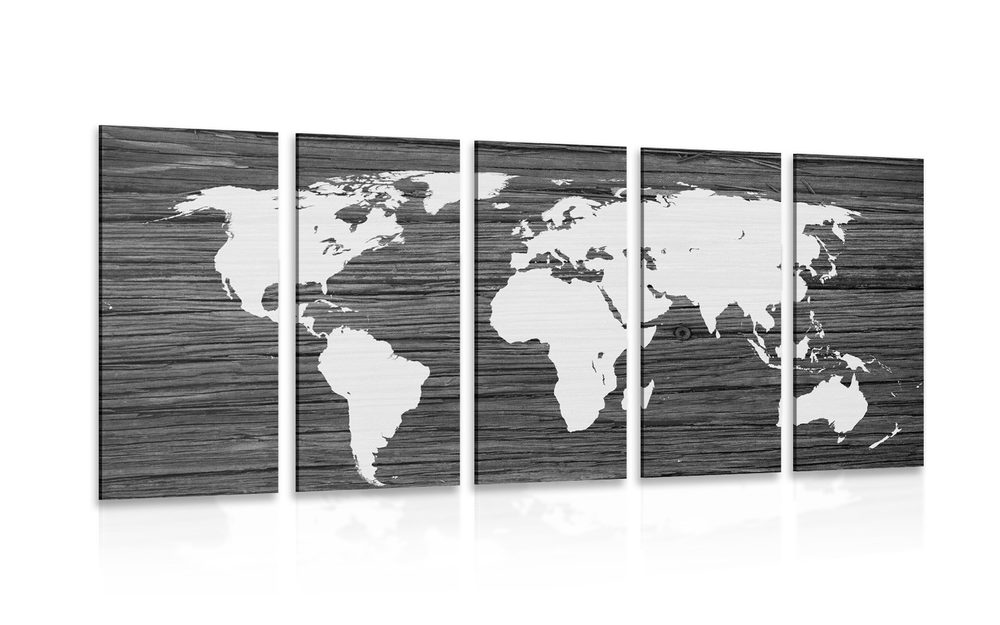 5-dielny obraz mapa sveta na dreve v čiernobielom prevedení