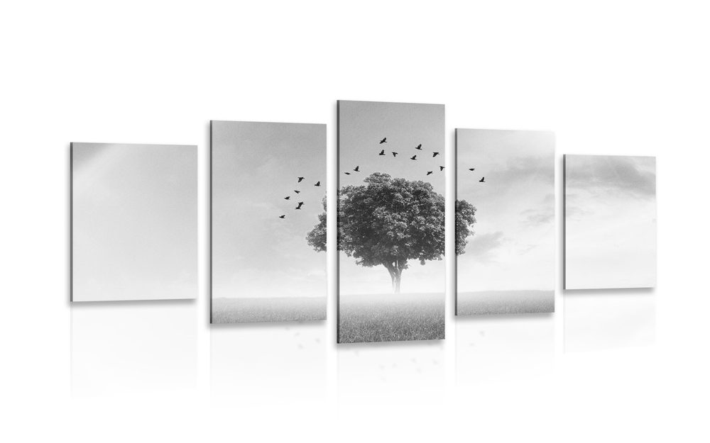 5-dielny obraz osamelý strom na lúke v čiernobielom prevedení