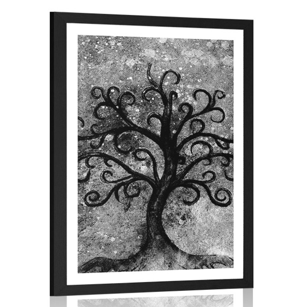 Plagát s paspartou čiernobiely strom života