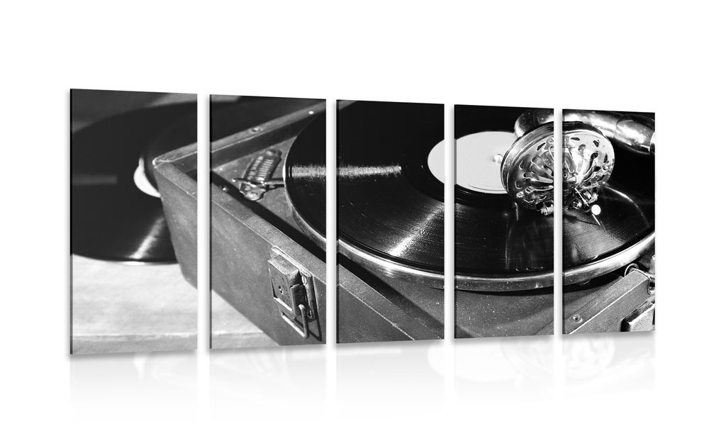 5-dielny obraz gramofón s vinylovou platňou v čiernobielom prevedení