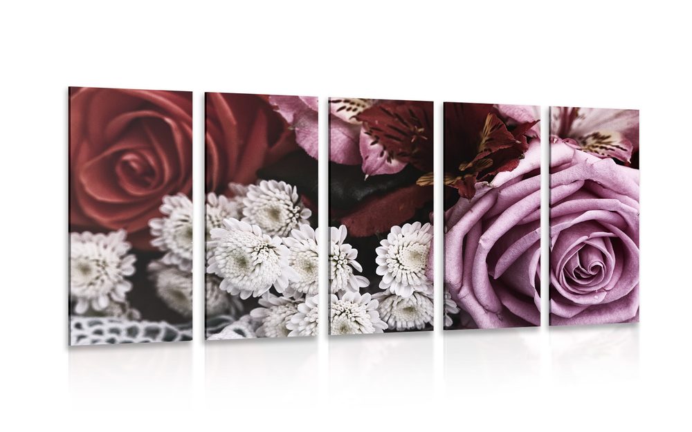 5-dielny obraz kytica ruží v retro štýle