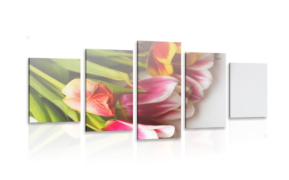 5-dílný obraz kytice barevných tulipánů