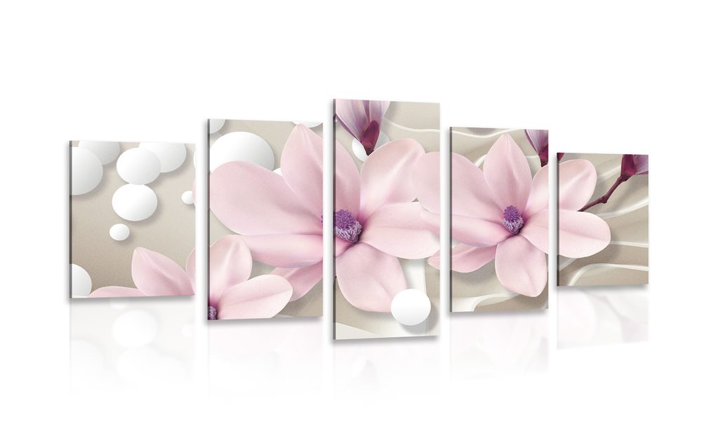 5-dílný obraz magnolie na abstraktním pozadí