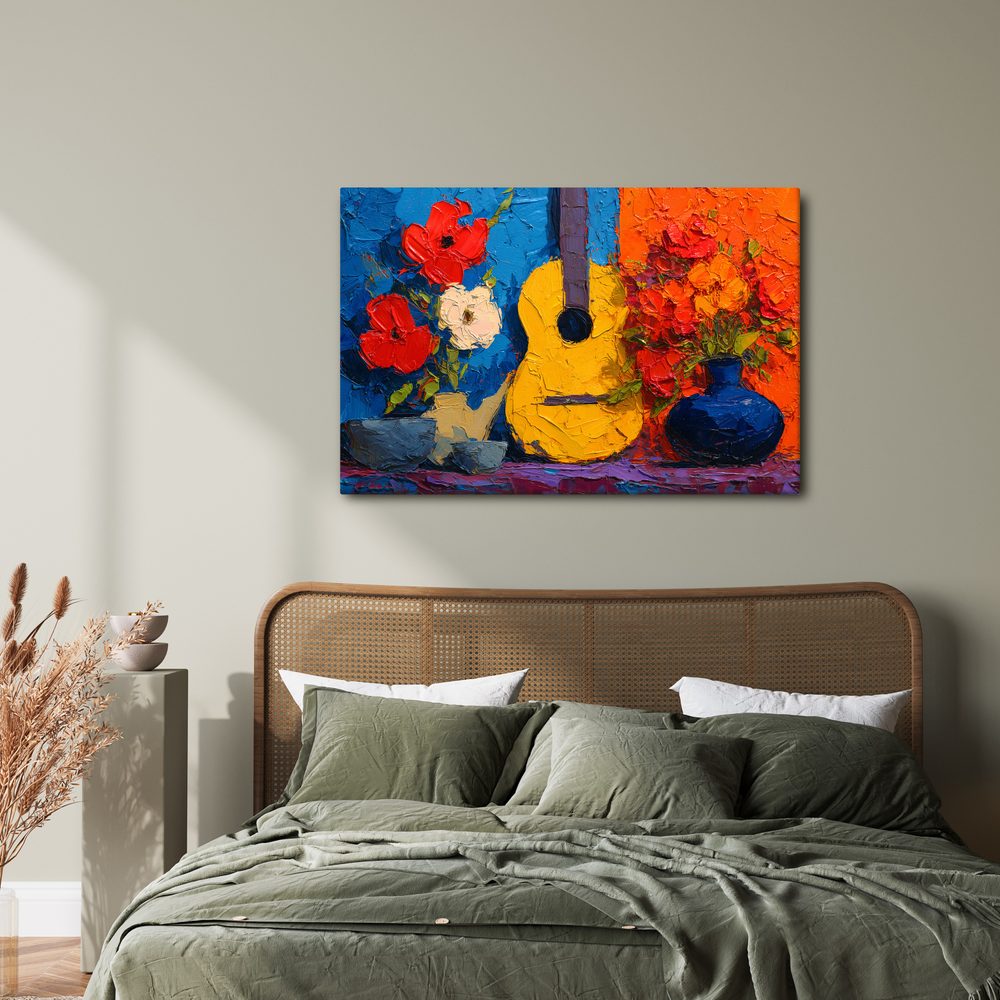 Obraz gitara a váza s kvetmi