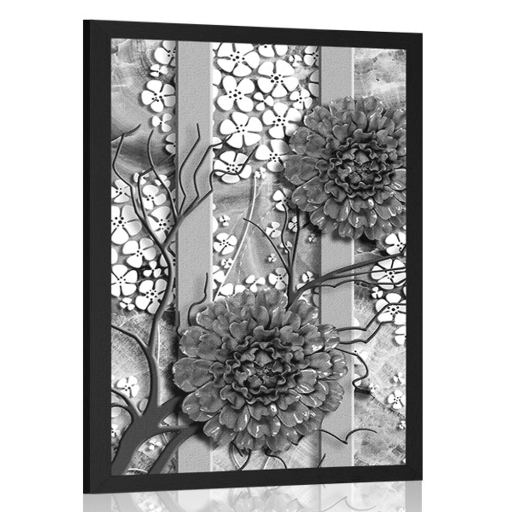 Plakát abstraktní květiny na mramorovém pozadí v černobílém provedení