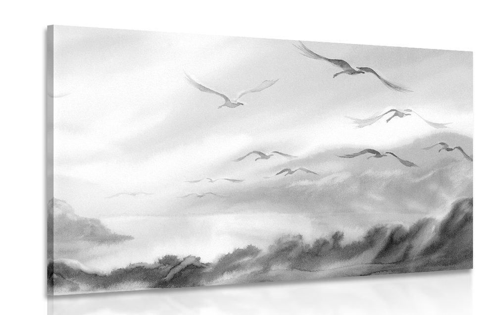 Obraz přelet ptáků přes krajinkou v černobílém provedení