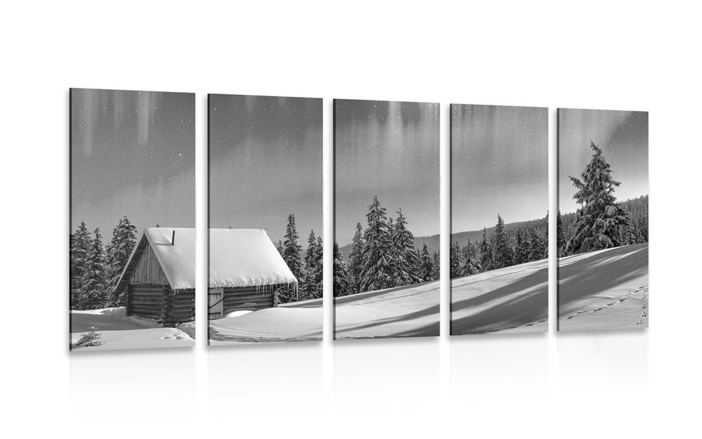 5-dielny obraz rozprávková zimná krajina v čiernobielom prevedení - 100x50