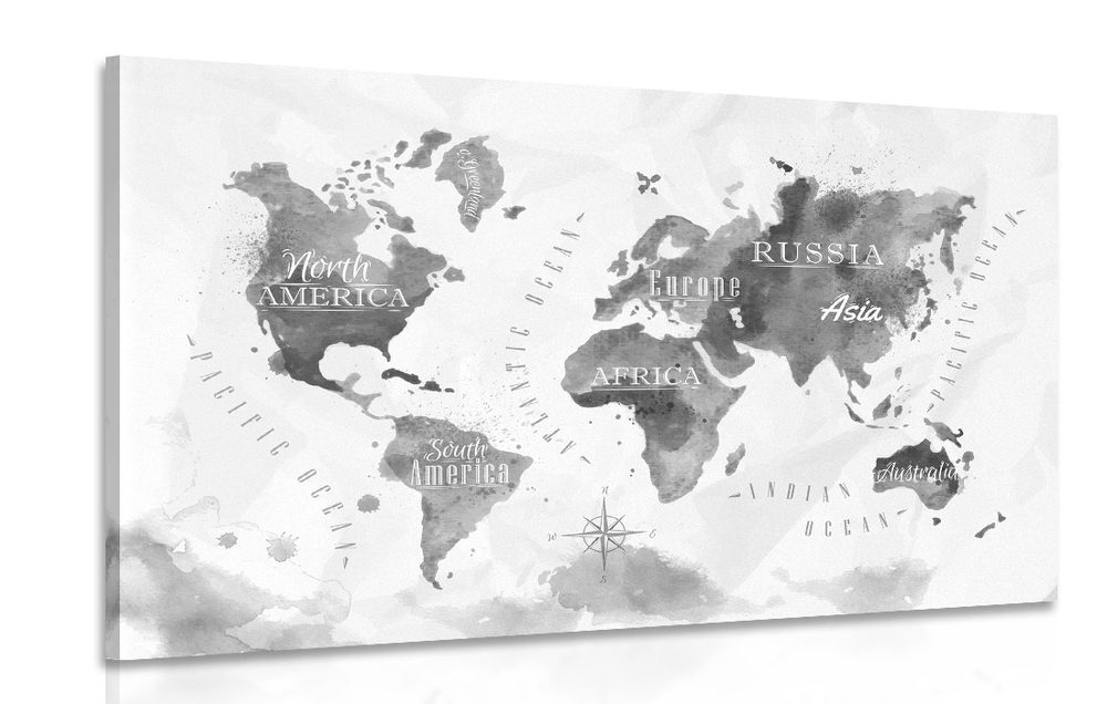 Obraz čiernobiela akvarelová mapa sveta