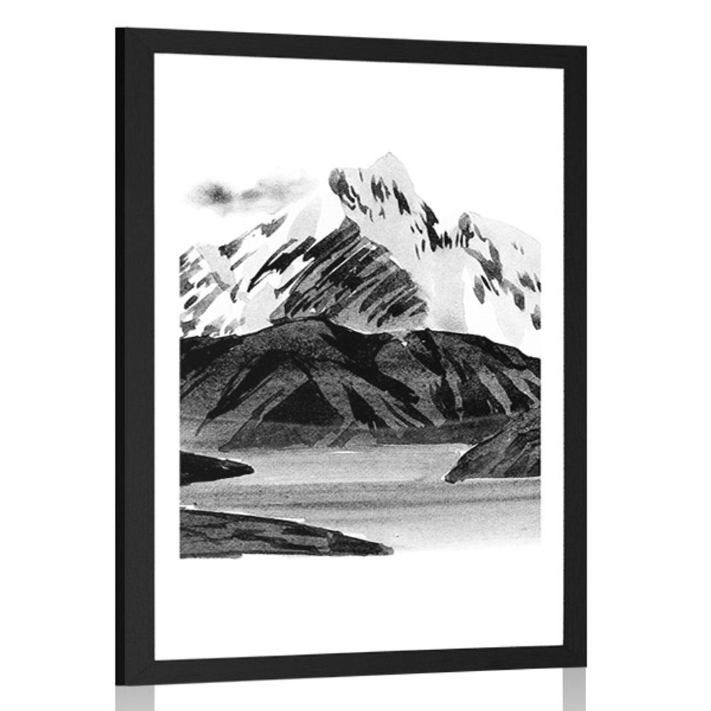 Plagát s paspartou krásna horská krajina v čiernobielom prevedení