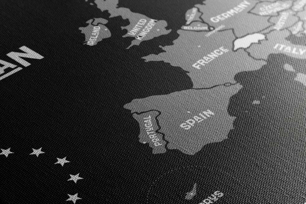 E-shop Obraz náučná mapa s názvami krajín európskej únie v čiernobielom prevedení