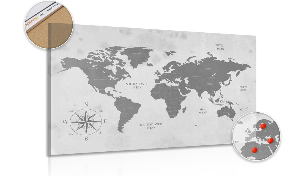 Obraz na korku decentná mapa sveta v čiernobielom prevedení