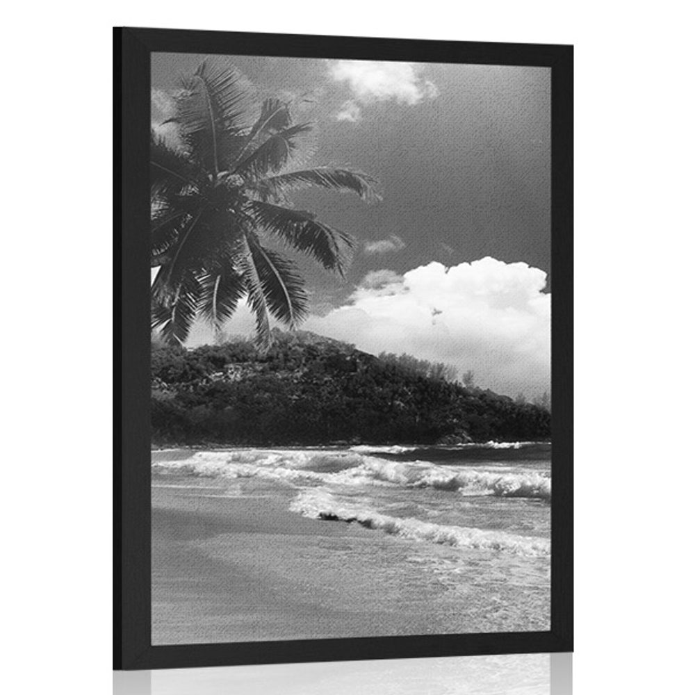 Plakát pláž na ostrově Seychely v černobílém provedení