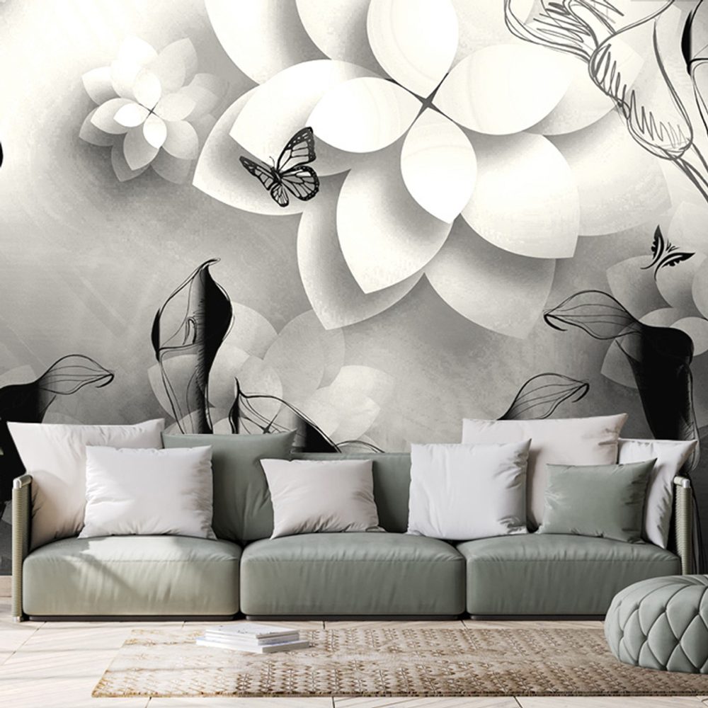 Samolepící tapeta černobílé abstraktní květiny - 450x300