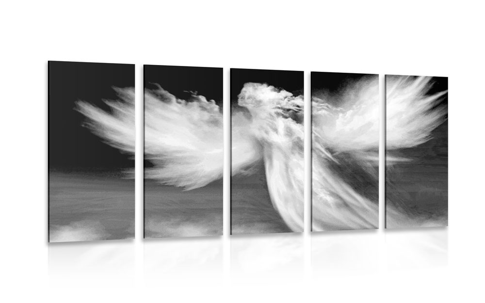 5-dielny obraz podoba anjela v oblakoch v čiernobielom prevedení