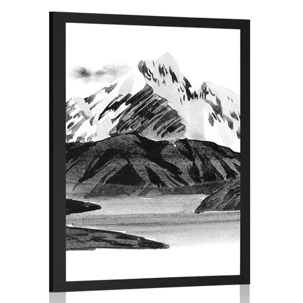 Plagát krásna horská krajina v čiernobielom prevedení