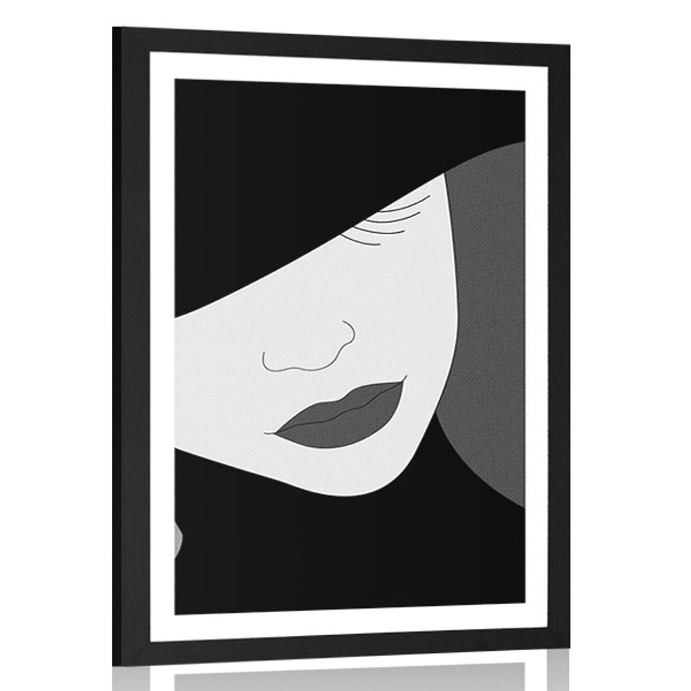 Plagát s paspartou nóbl dáma v klobúku v čiernobielom prevedení