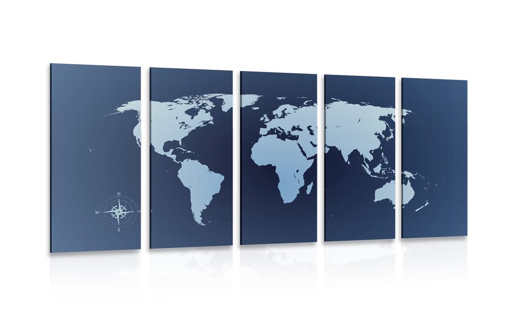 5-dielny obraz mapa sveta v odtieňoch modrej