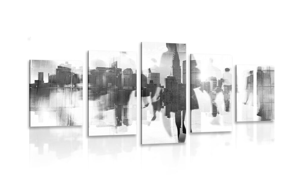 5-dielny obraz siluety ľudí vo veľkomeste v čiernobielom prevedení
