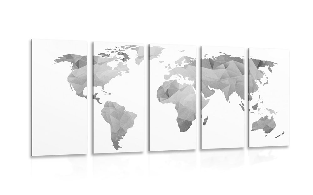 5-dielny obraz polygonálna mapa sveta v čiernobielom prevedení