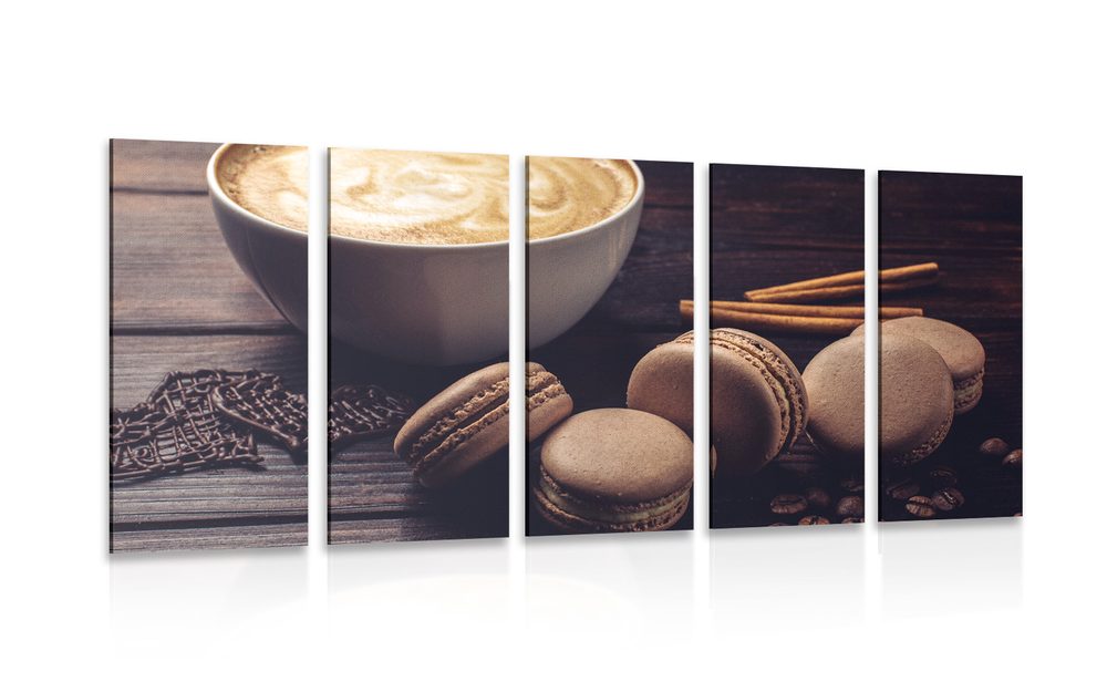 5-dílný obraz káva s čokoládovými makrónkami