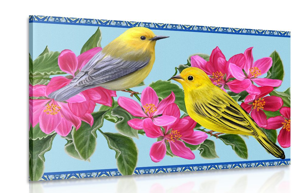 Obraz ptáčky a květiny ve vintage provedení