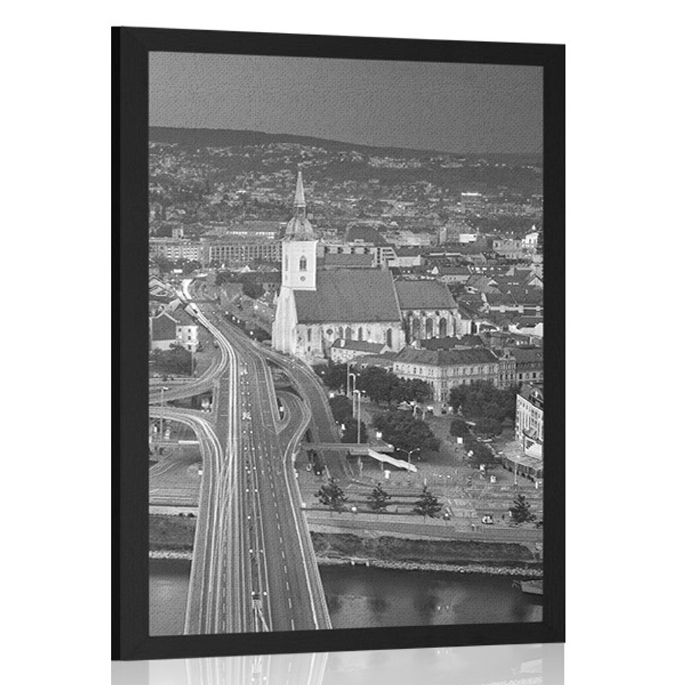 Plakát pohled na noční Bratislavu v černobílém provedení