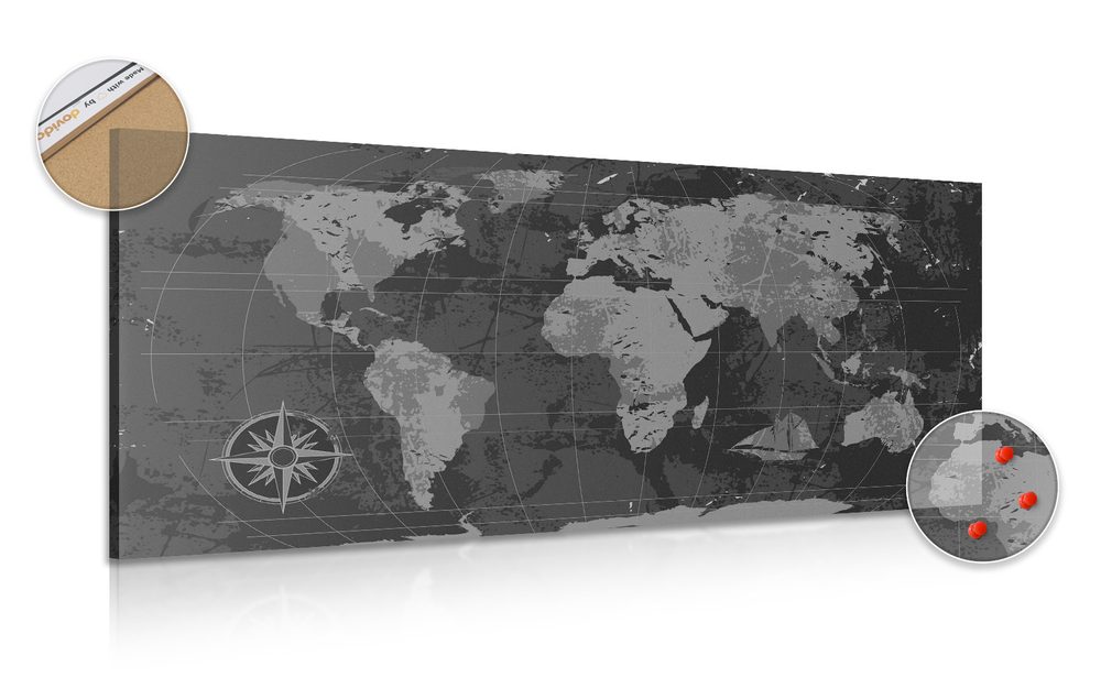 Obraz na korku rustikálna mapa sveta v čiernobielom prevedení