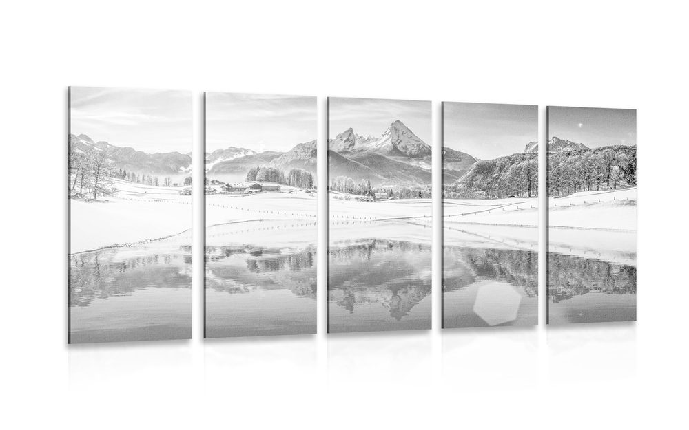 5-dílný obraz zasněžená krajina v Alpách v černobílém provedení