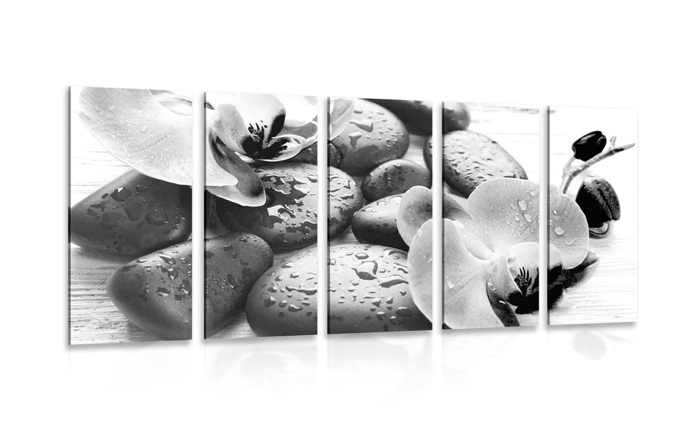 5-dielny obraz krásna súhra kameňov a orchidey v čiernobielom prevedení - 200x100