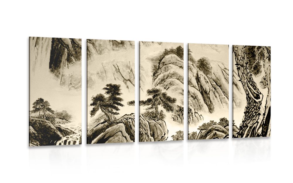 5-dílný obraz čínská krajinomalba v sépiové provedení