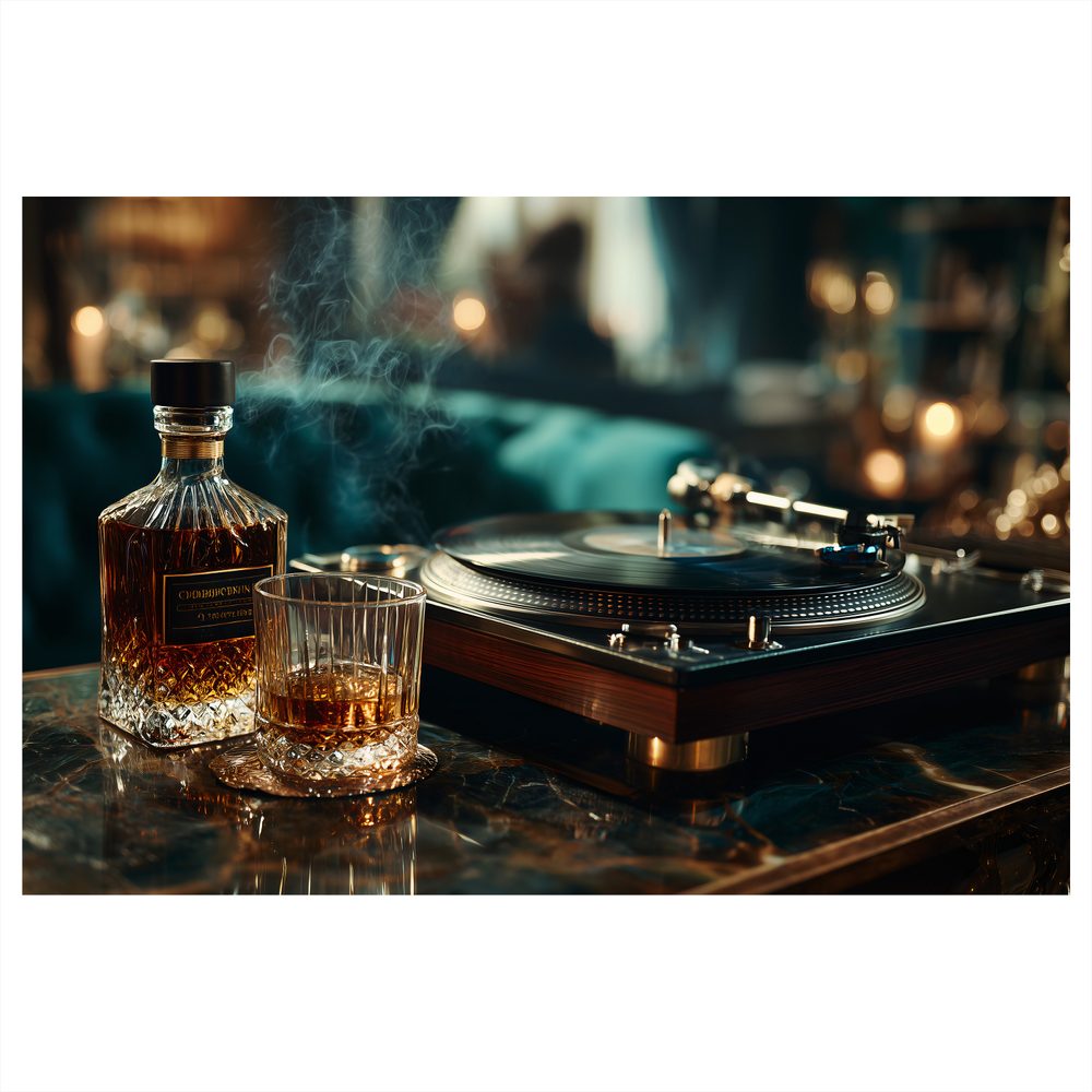 Obraz gramofón a pohár whisky