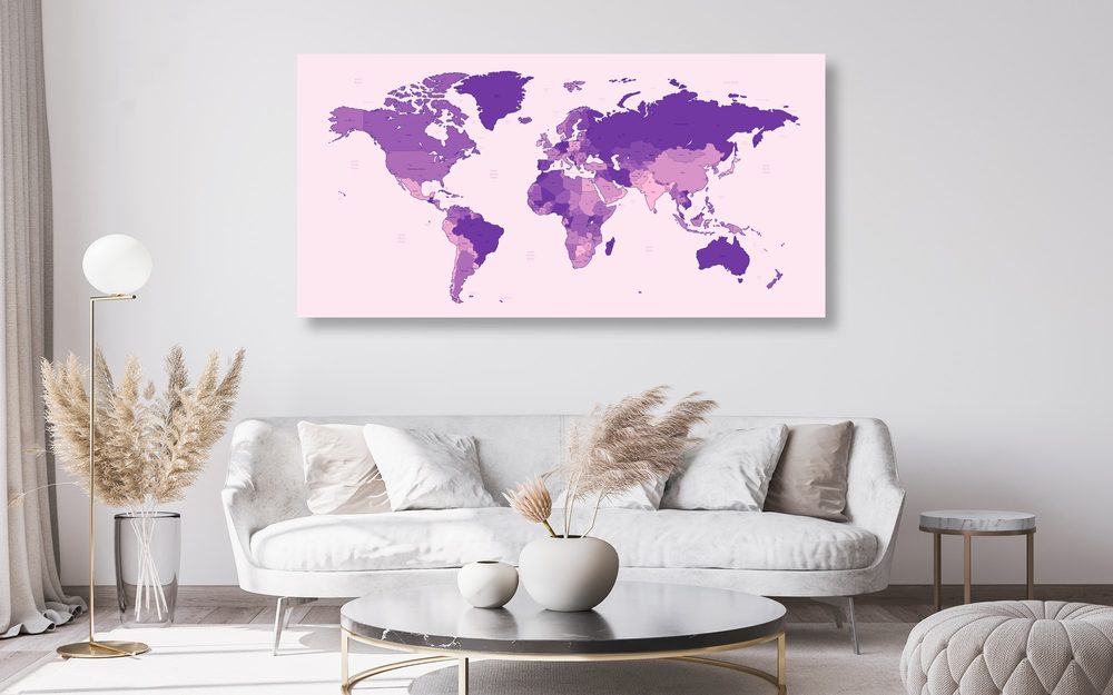 E-shop Obraz na korku detailná mapa sveta vo fialovej farbe