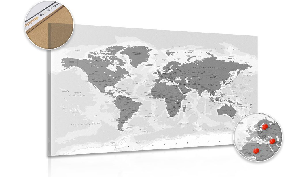Obraz na korku mapa světa s černobílým nádechem