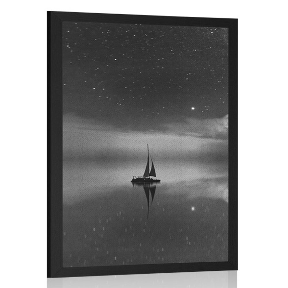Plakát loďka na moři v černobílém provedení