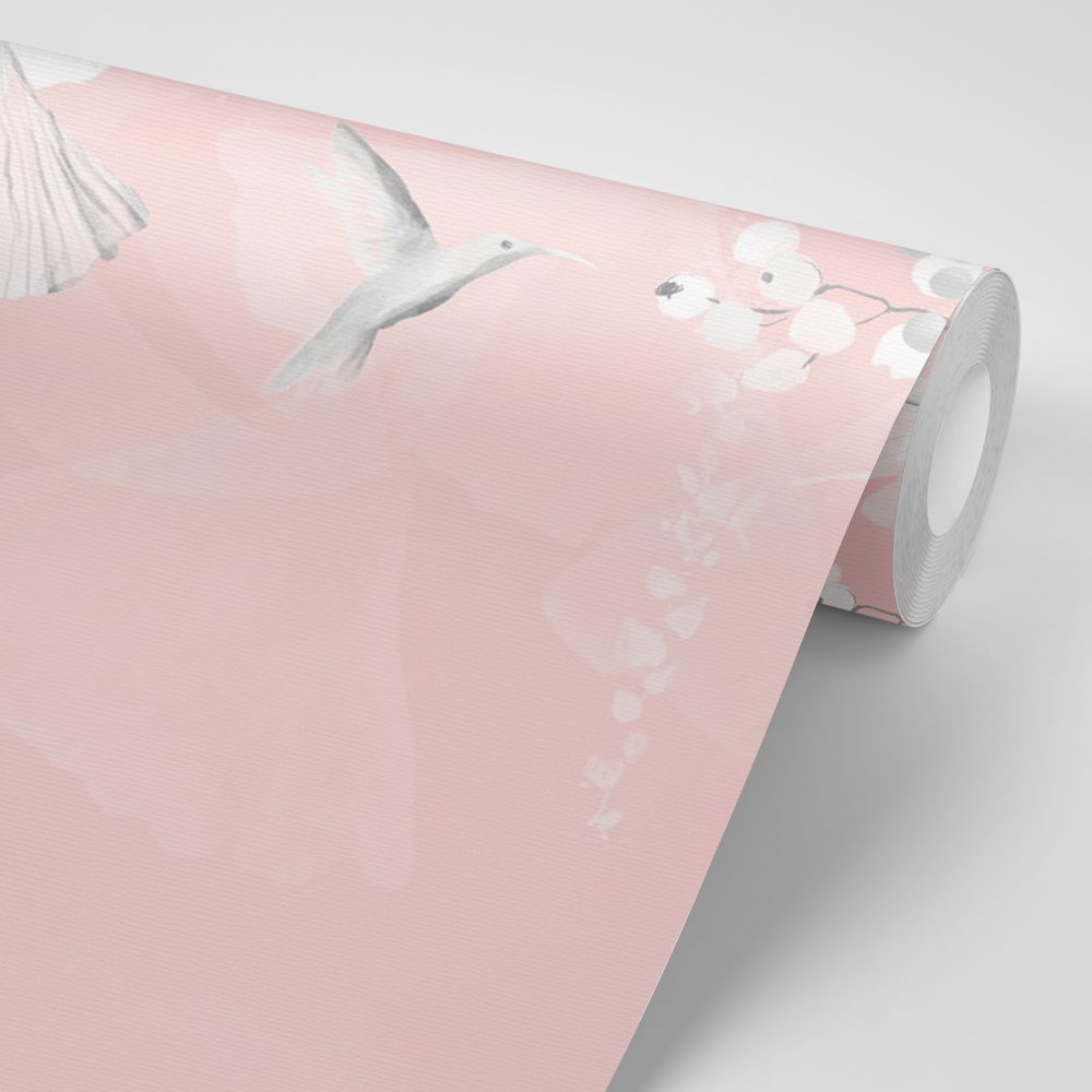 E-shop Tapeta listy s kolibríkmi v ružovo-šedom