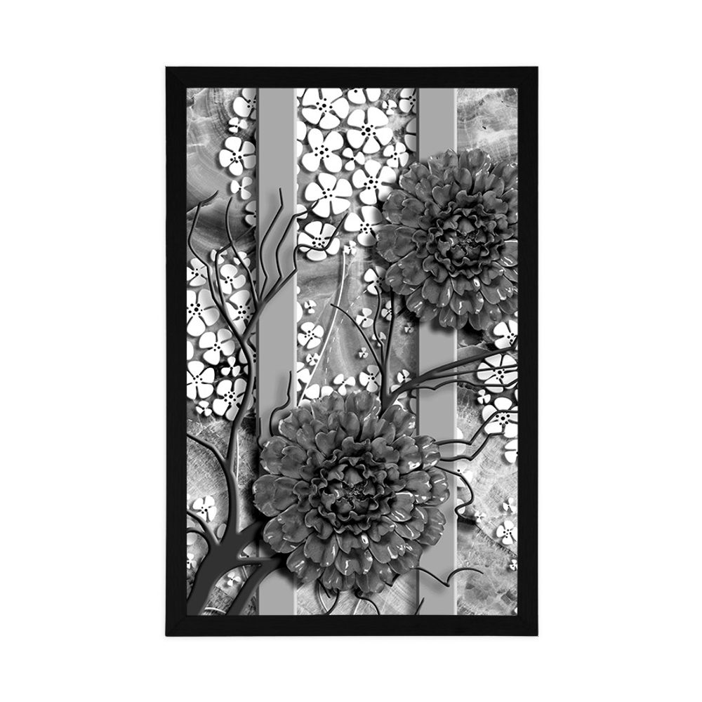 E-shop Plagát abstraktné kvety na mramorovom pozadí v čiernobielom prevedení