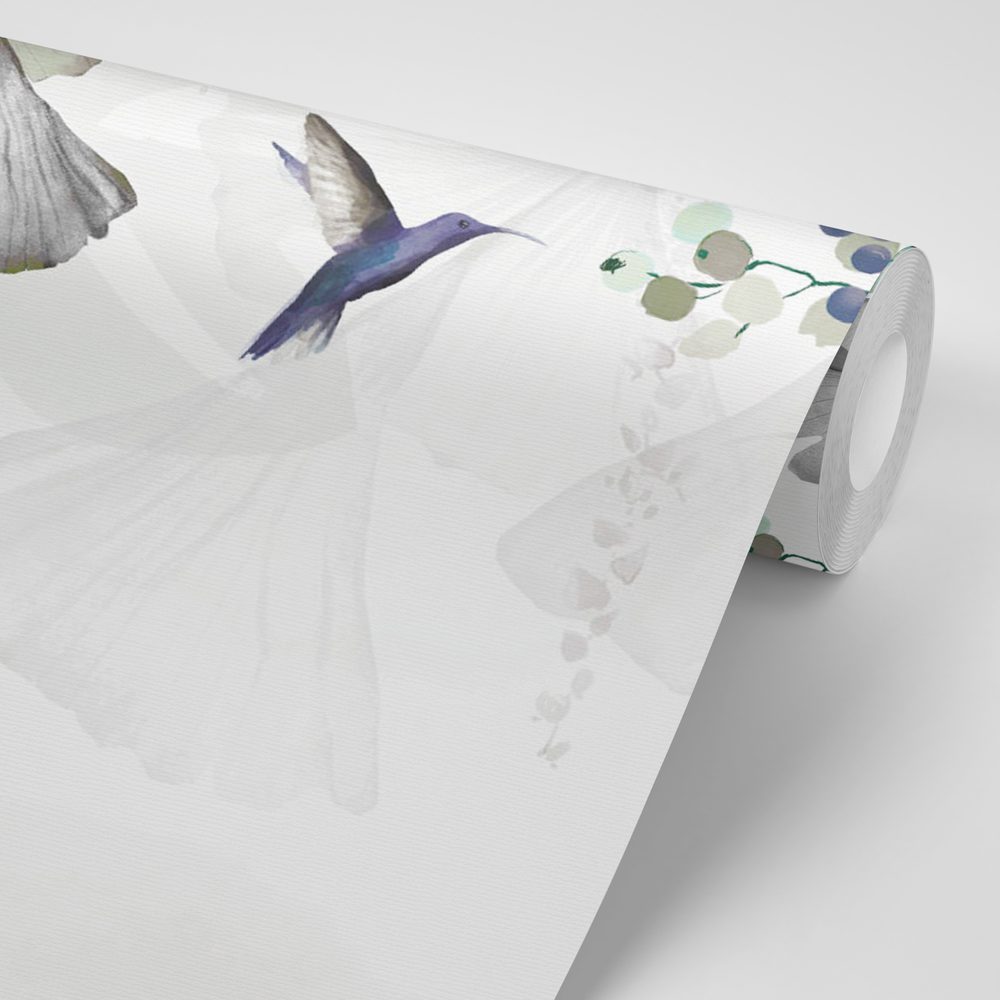 E-shop Tapeta listy s kolibríkmi v šedo-zelenom