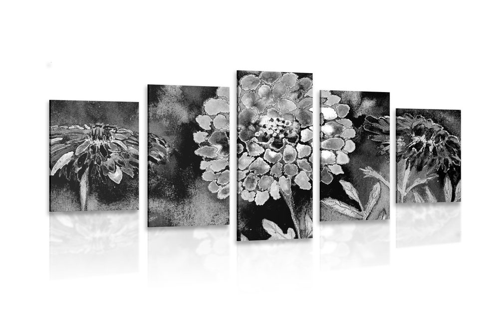 5-dielny obraz nádherné kvety v čiernobielom prevedení - 100x50