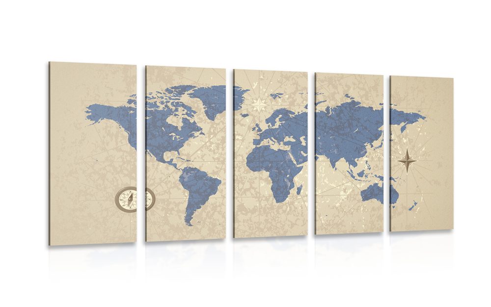 5-dielny obraz mapa sveta s kompasom v retro štýle