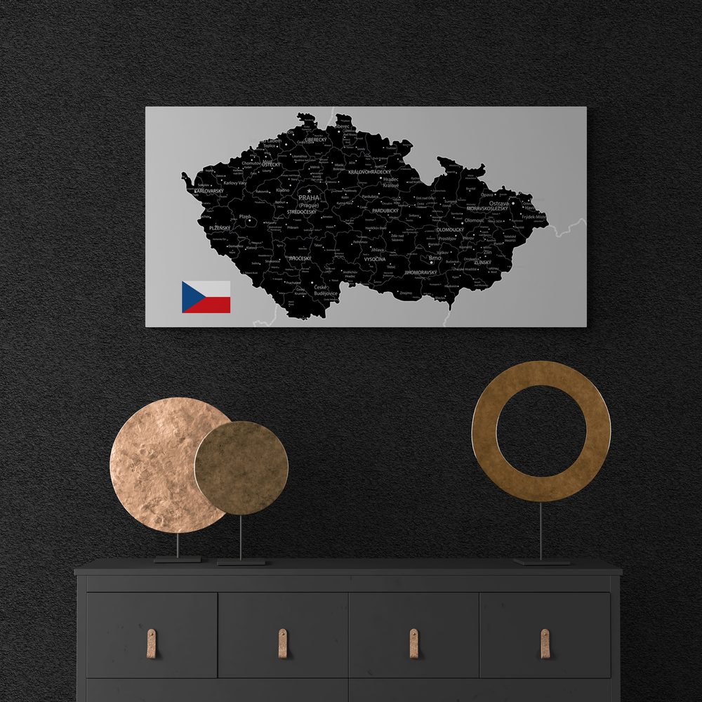 E-shop Obraz na korku čierno-šedá mapa Česka s vlajkou