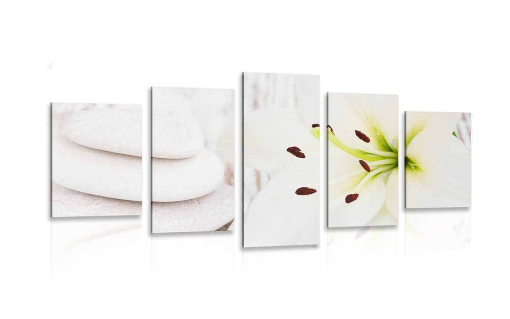 5-dílný obraz lilie a masážní kameny v bílém provedení