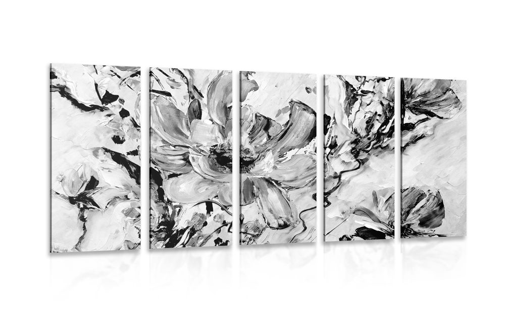 5-dielny obraz moderné maľované letné kvety v čiernobielom prevedení - 200x100
