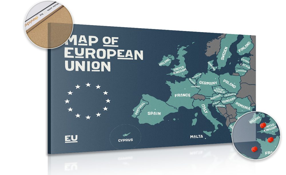 Obraz na korku náučná mapa s názvami krajín európskej únie - 120x80  peg
