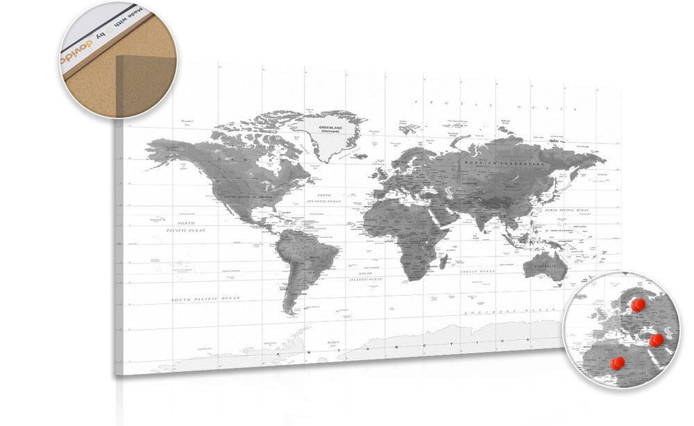Obraz na korku nádherná mapa sveta v čiernobielom prevedení