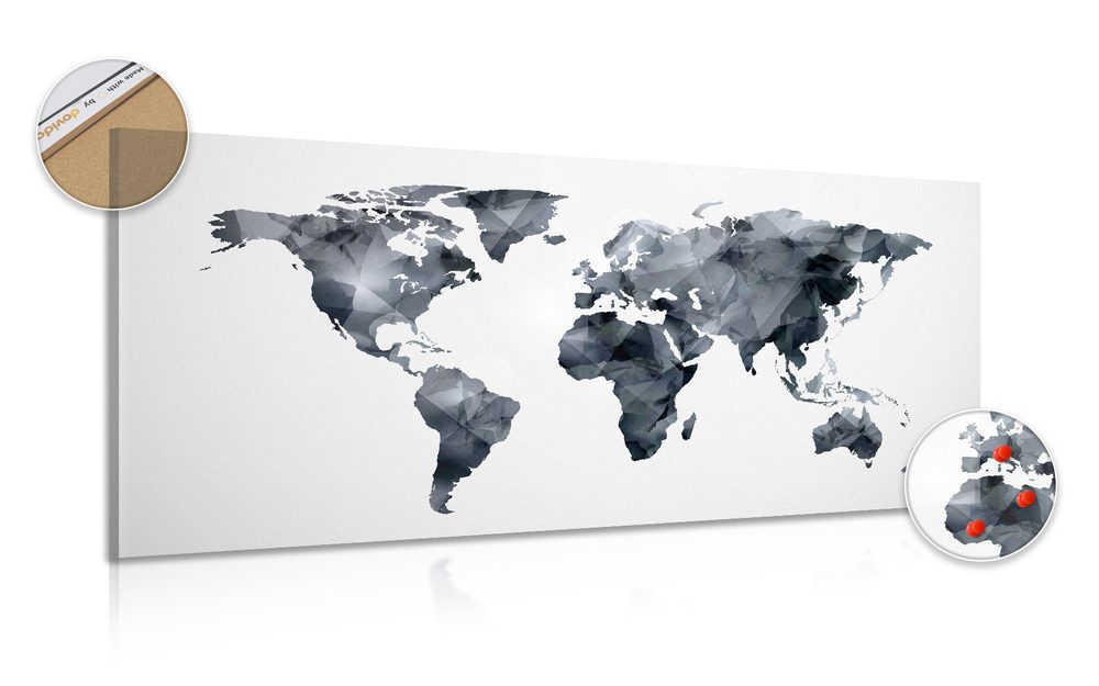 Obraz na korku polygonálna mapa sveta v čiernobielom prevedení - 100x50  transparent