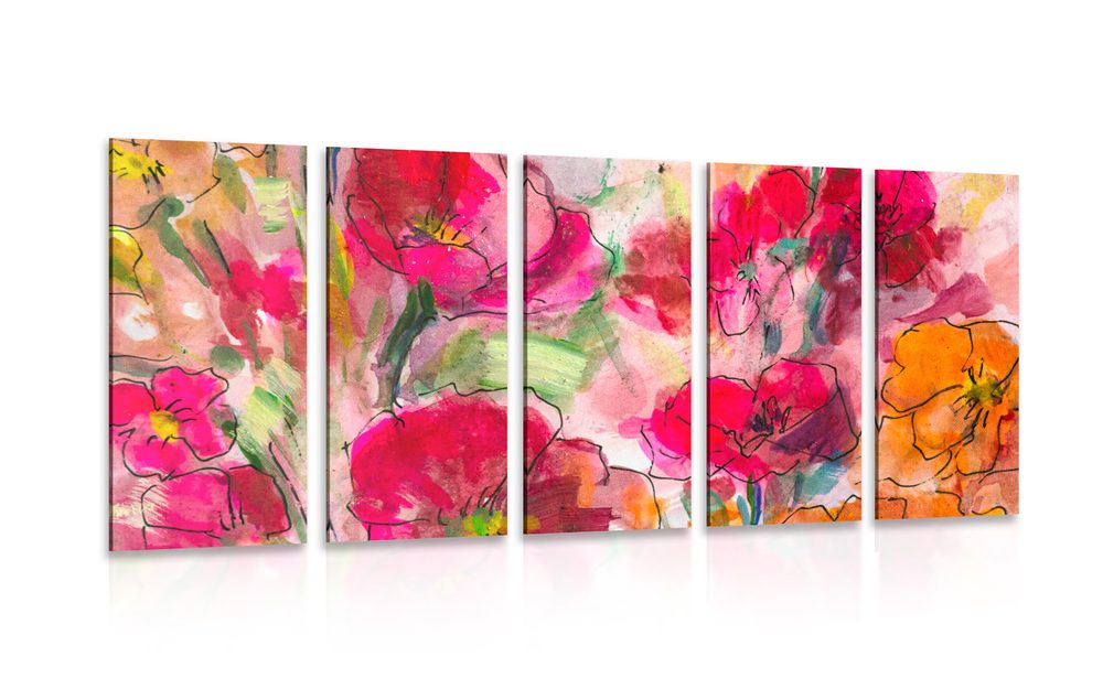 5-dielny obraz maľované kvetinové zátišie
