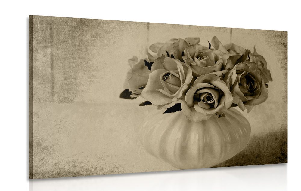 Obraz ruže vo váze v sépiovom prevedení