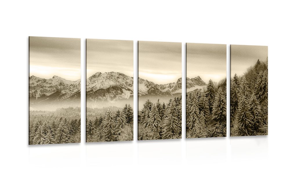 5-dílný obraz zamrzlé hory v sépiové provedení