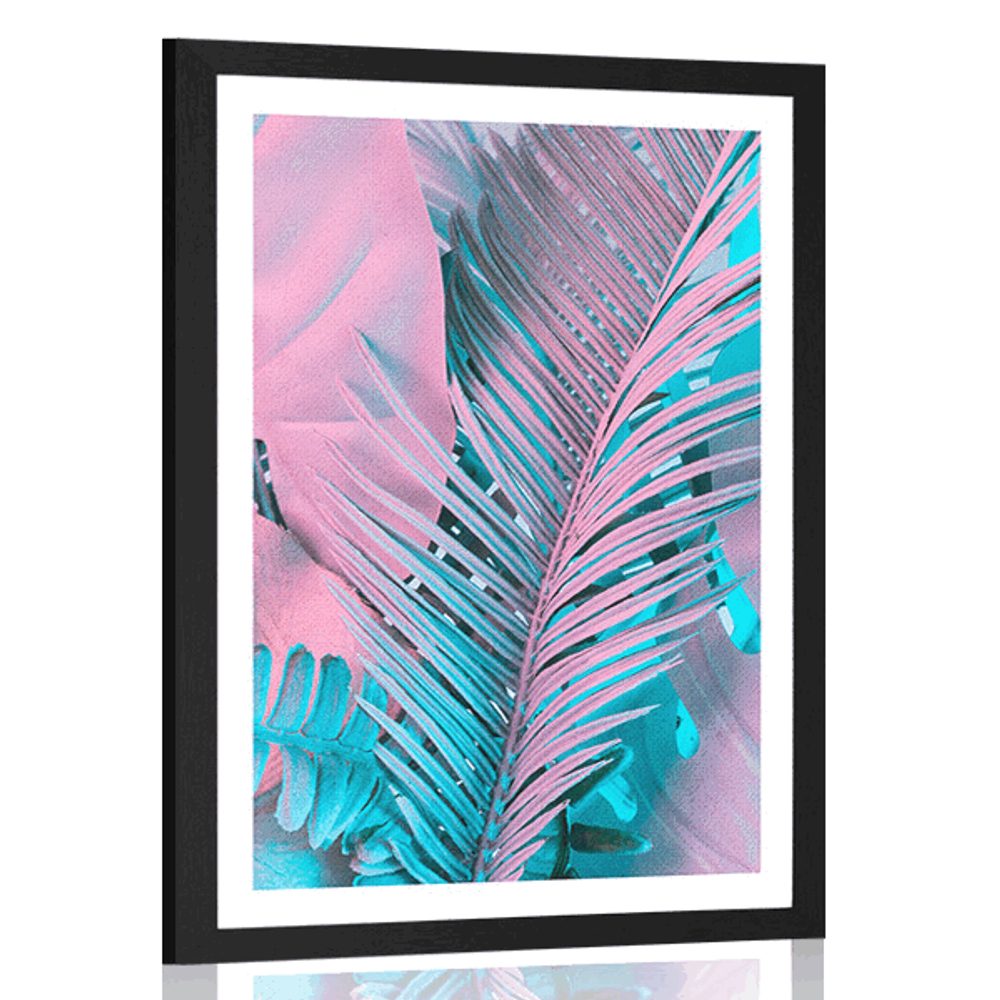 Plagát s paspartou palmové listy v neobyčajných neónových farbách